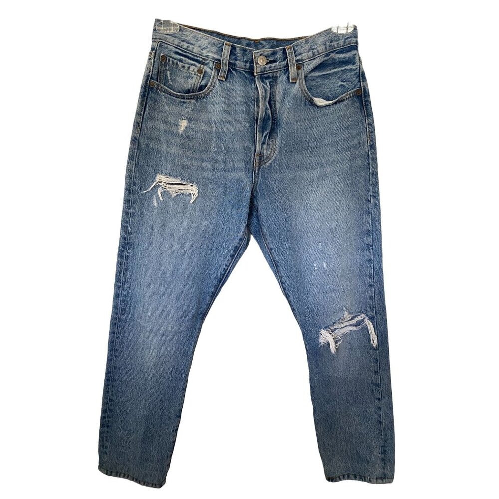 Levis 501 S Premium Big E Jeans 28x28 Button Fly Blue Denim Ripped